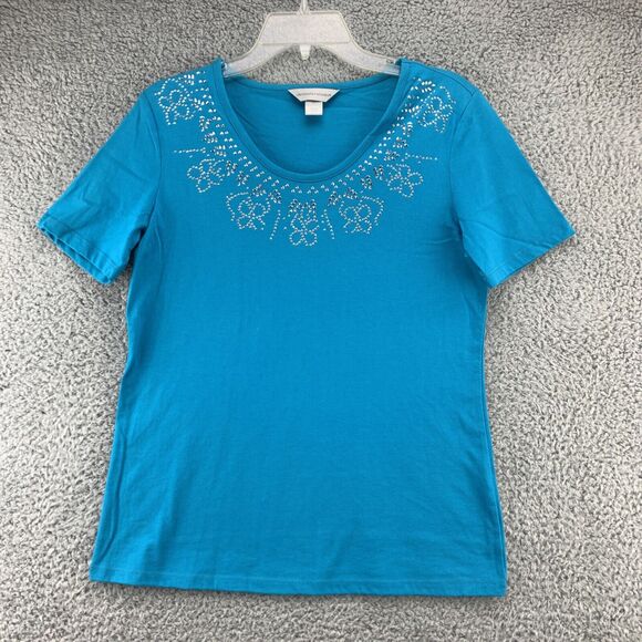 Christopher & Banks Women's Top Size Small Embellished Shirt Short Sleeve Blue - Picture 2 of 11